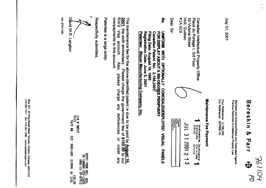 Canadian Patent Document 2156240. Fees 20010731. Image 1 of 1