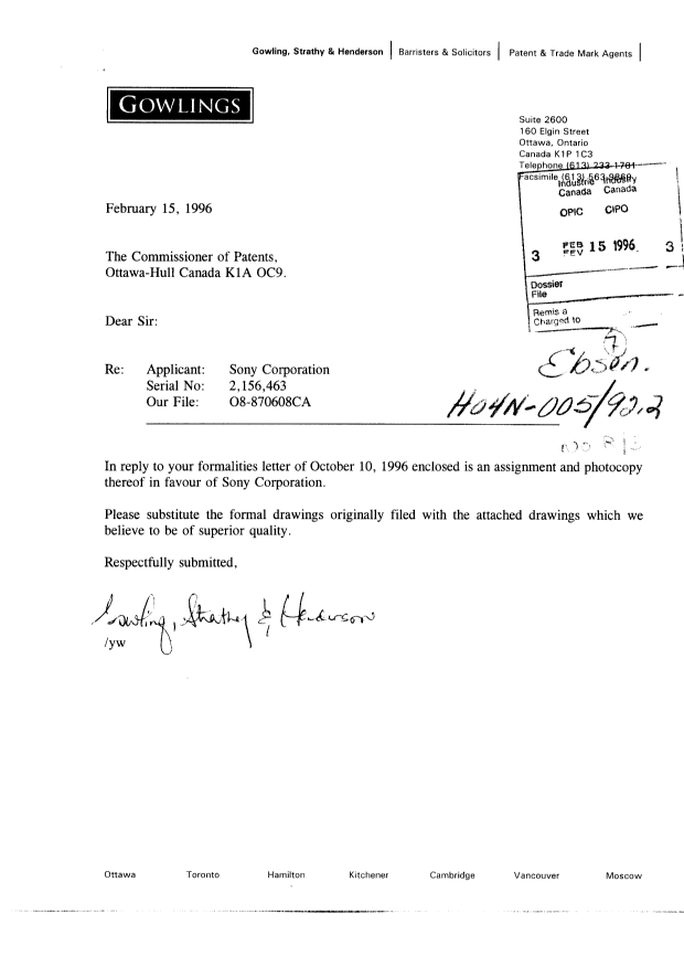 Document de brevet canadien 2156463. Correspondance 19960215. Image 1 de 14