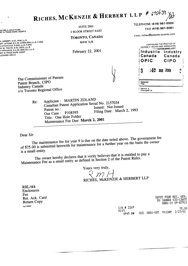 Document de brevet canadien 2157034. Taxes 20010222. Image 1 de 1