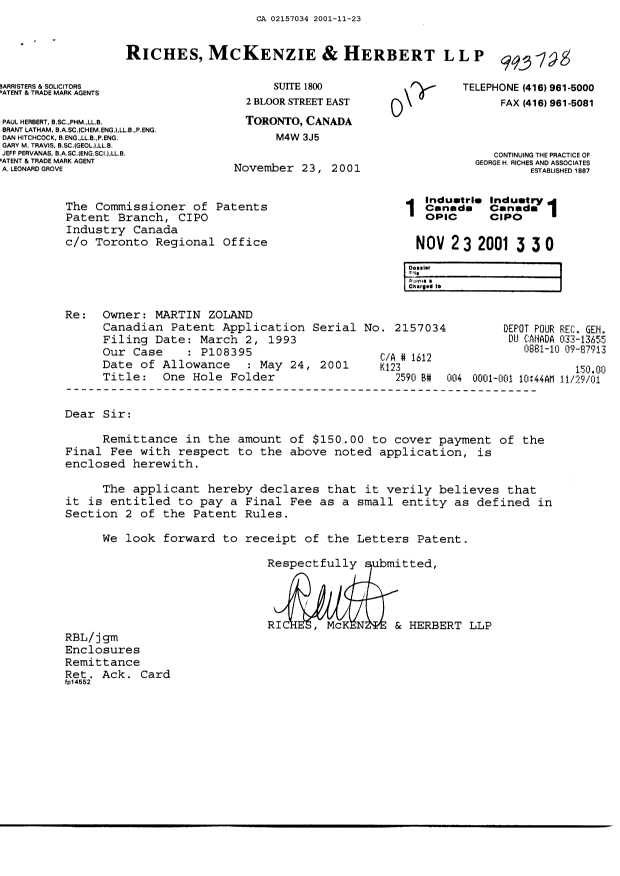 Document de brevet canadien 2157034. Correspondance 20011123. Image 1 de 1