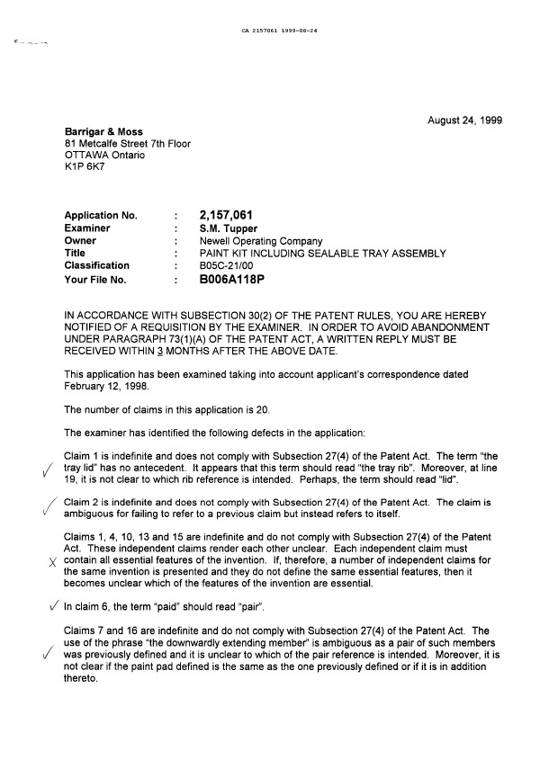 Document de brevet canadien 2157061. Demande d'examen 19990824. Image 1 de 2