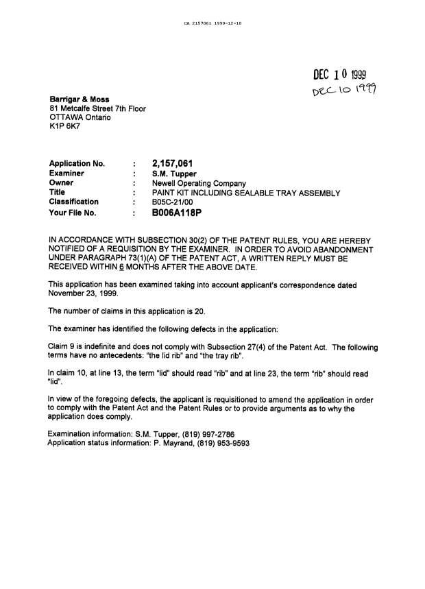 Document de brevet canadien 2157061. Demande d'examen 19991210. Image 1 de 1