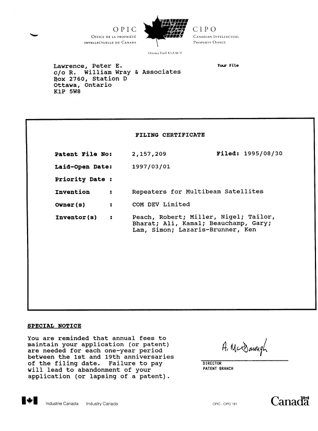 Canadian Patent Document 2157209. Assignment 19950830. Image 10 of 10