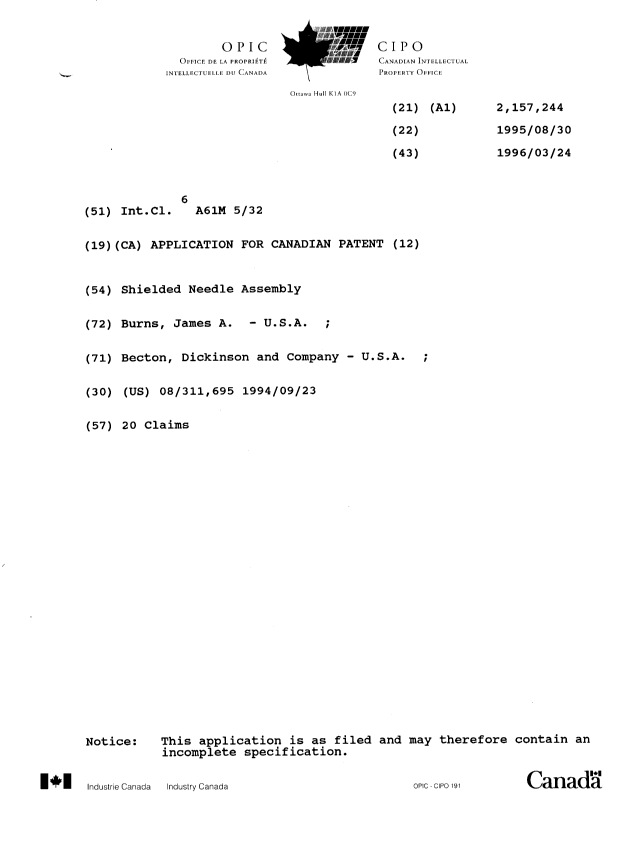 Canadian Patent Document 2157244. Cover Page 19951221. Image 1 of 1