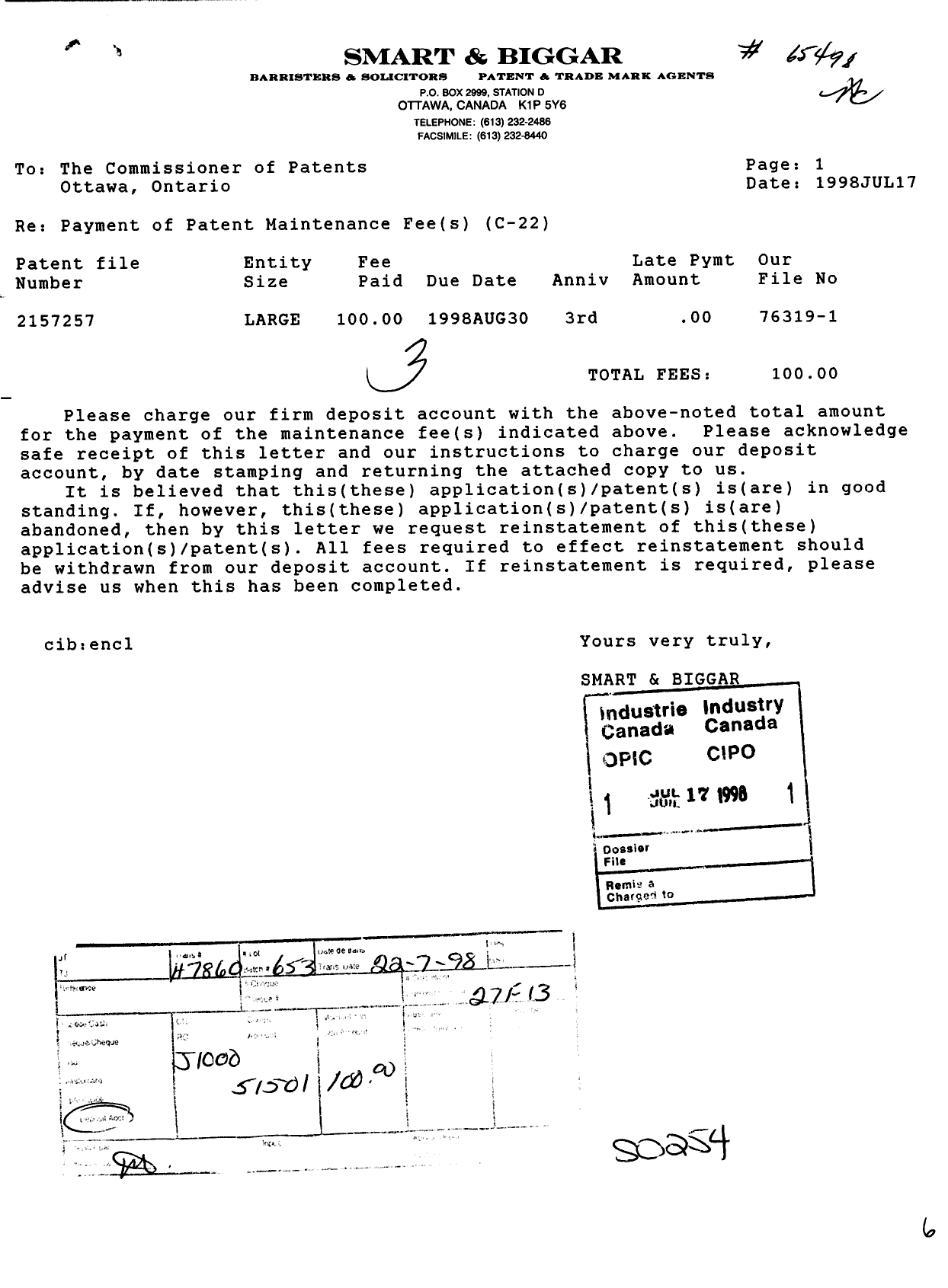 Canadian Patent Document 2157257. Fees 19971217. Image 1 of 1