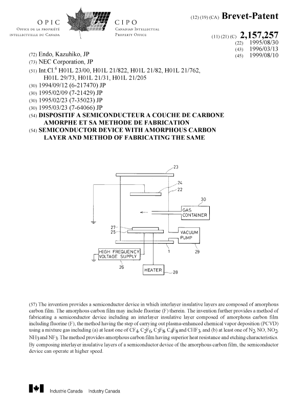 Canadian Patent Document 2157257. Cover Page 19981204. Image 1 of 1