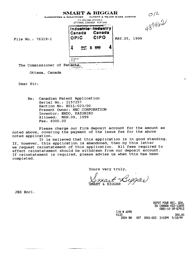 Canadian Patent Document 2157257. Correspondence 19981205. Image 1 of 1