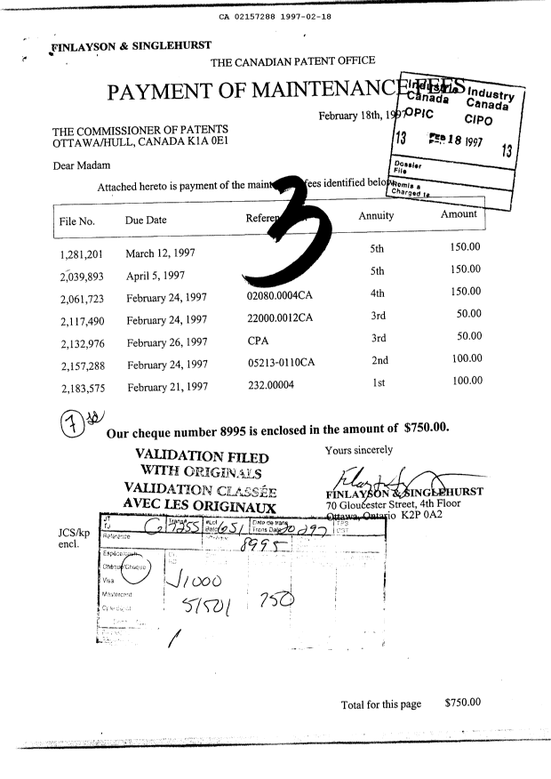 Document de brevet canadien 2157288. Taxes 19970218. Image 1 de 1