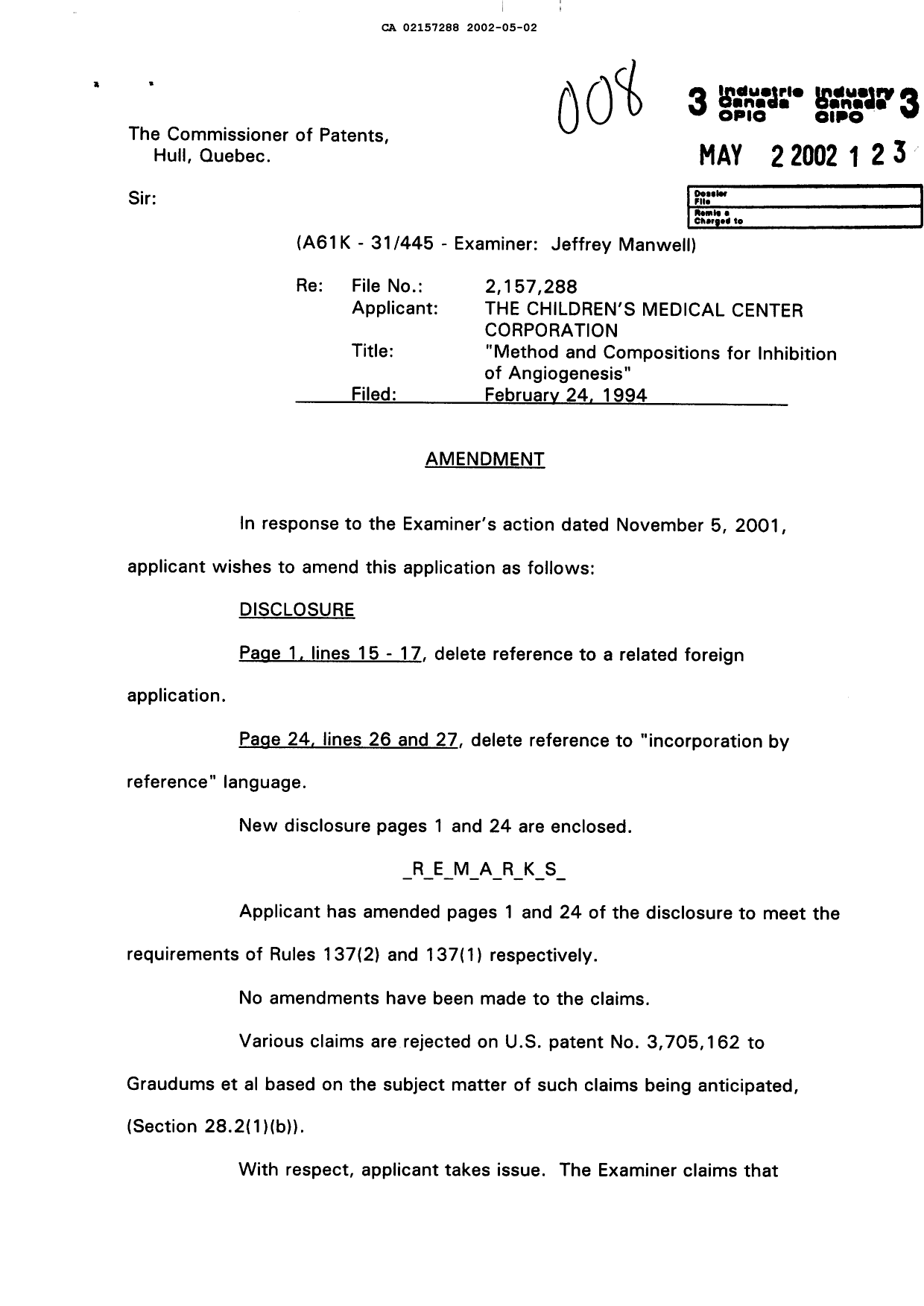 Canadian Patent Document 2157288. Prosecution-Amendment 20020502. Image 1 of 7
