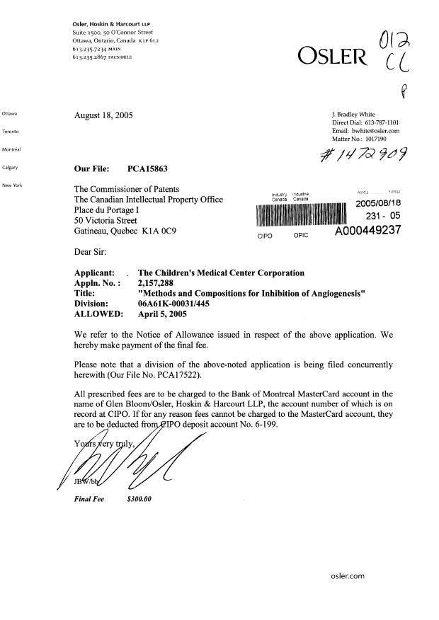 Document de brevet canadien 2157288. Correspondance 20050818. Image 1 de 1