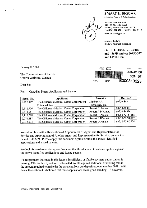 Document de brevet canadien 2157288. Correspondance 20070108. Image 1 de 4