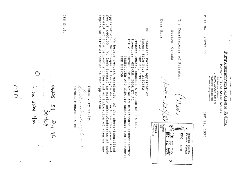 Canadian Patent Document 2157652. Prosecution Correspondence 19951222. Image 1 of 1