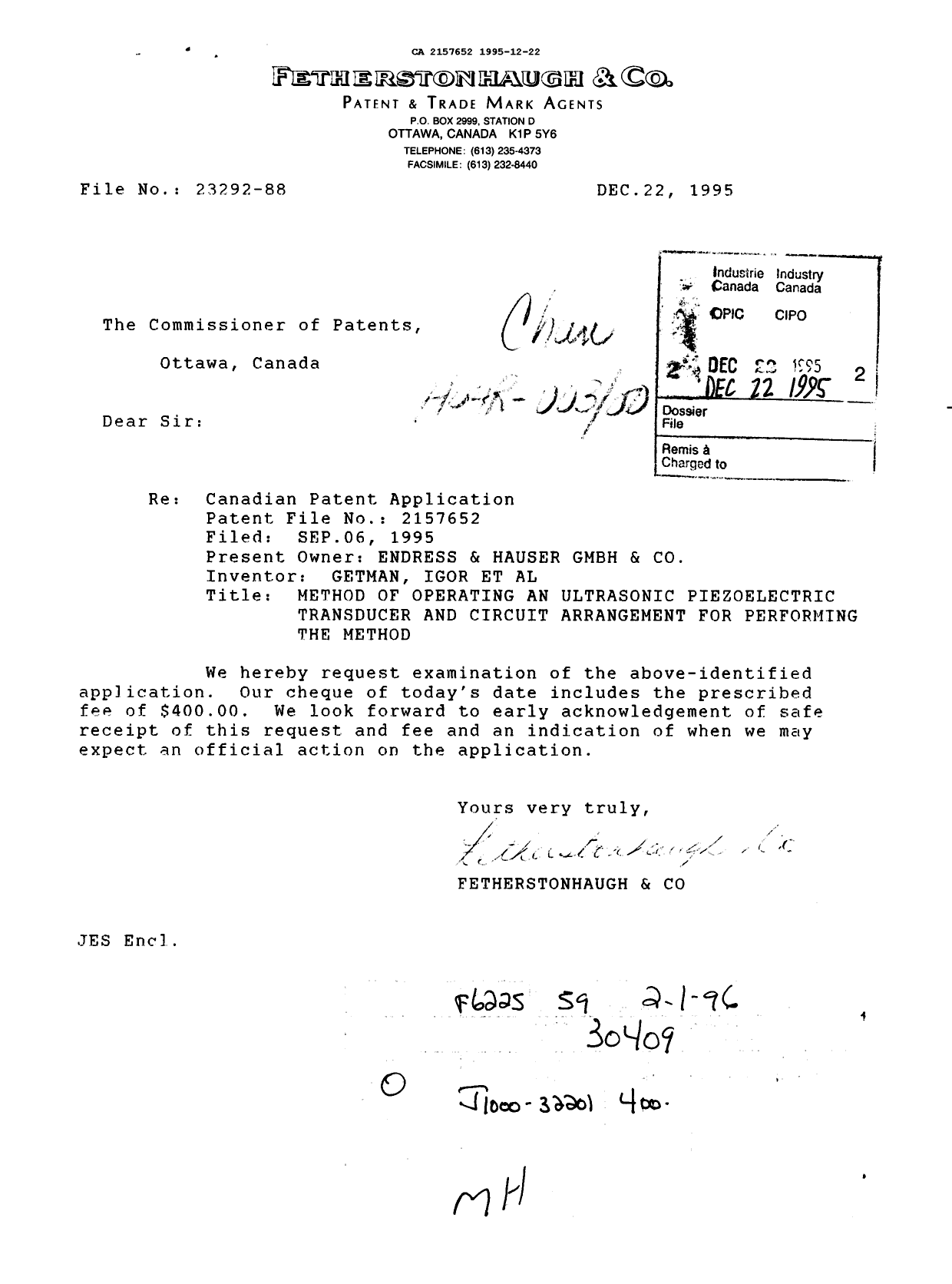 Canadian Patent Document 2157652. Prosecution Correspondence 19951222. Image 1 of 1