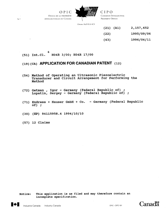 Canadian Patent Document 2157652. Cover Page 19960607. Image 1 of 1