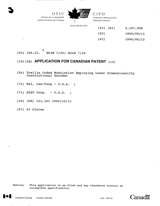 Document de brevet canadien 2157958. Page couverture 19960723. Image 1 de 1