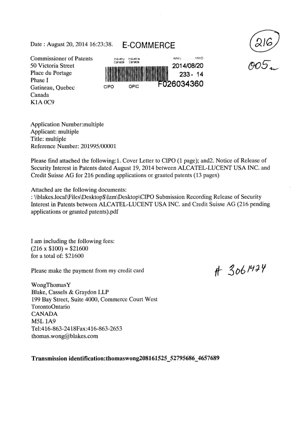 Document de brevet canadien 2157958. Cession 20140820. Image 1 de 18