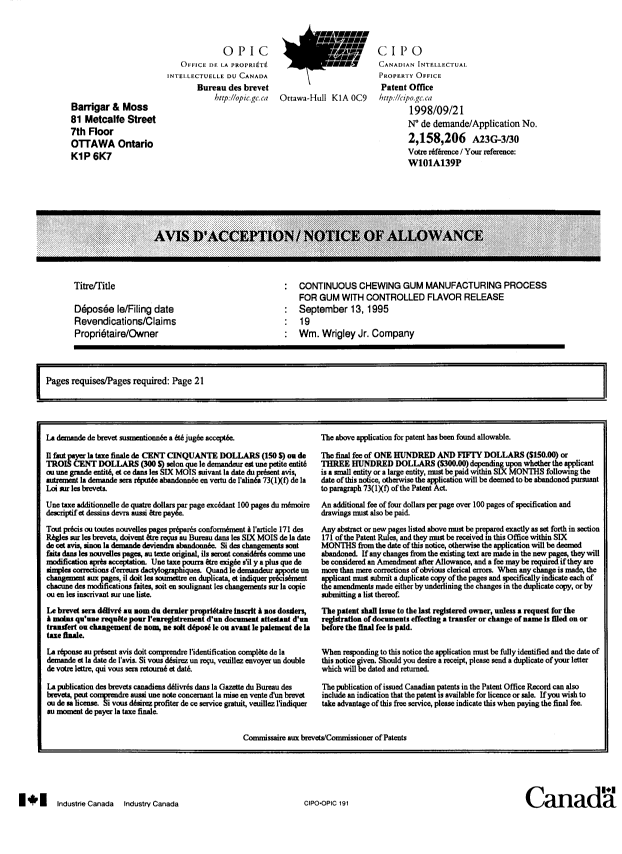 Canadian Patent Document 2158206. Correspondence 19980921. Image 1 of 1