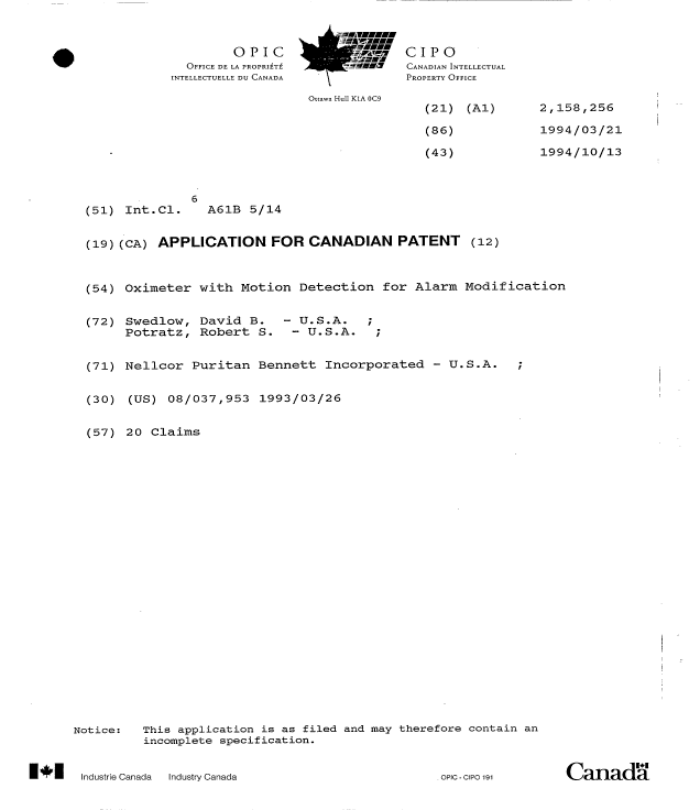 Canadian Patent Document 2158256. Cover Page 19971209. Image 1 of 1