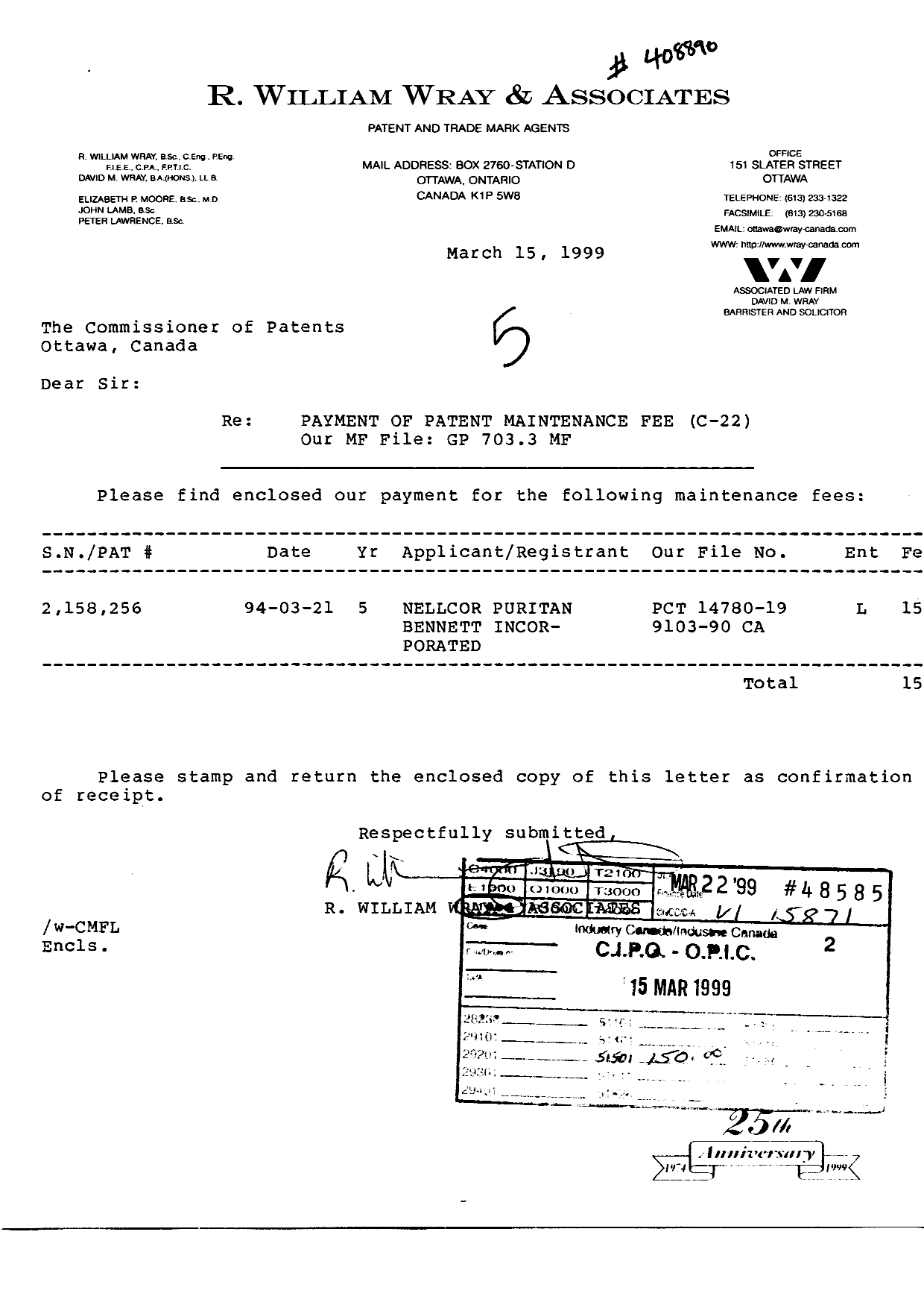 Document de brevet canadien 2158256. Taxes 19981215. Image 1 de 1
