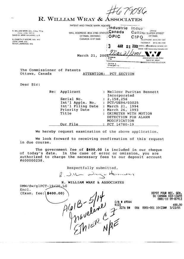 Canadian Patent Document 2158256. Prosecution-Amendment 20001221. Image 1 of 1