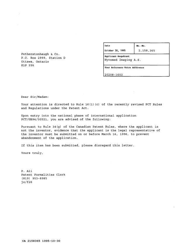 Canadian Patent Document 2158365. Correspondence 19941230. Image 1 of 1