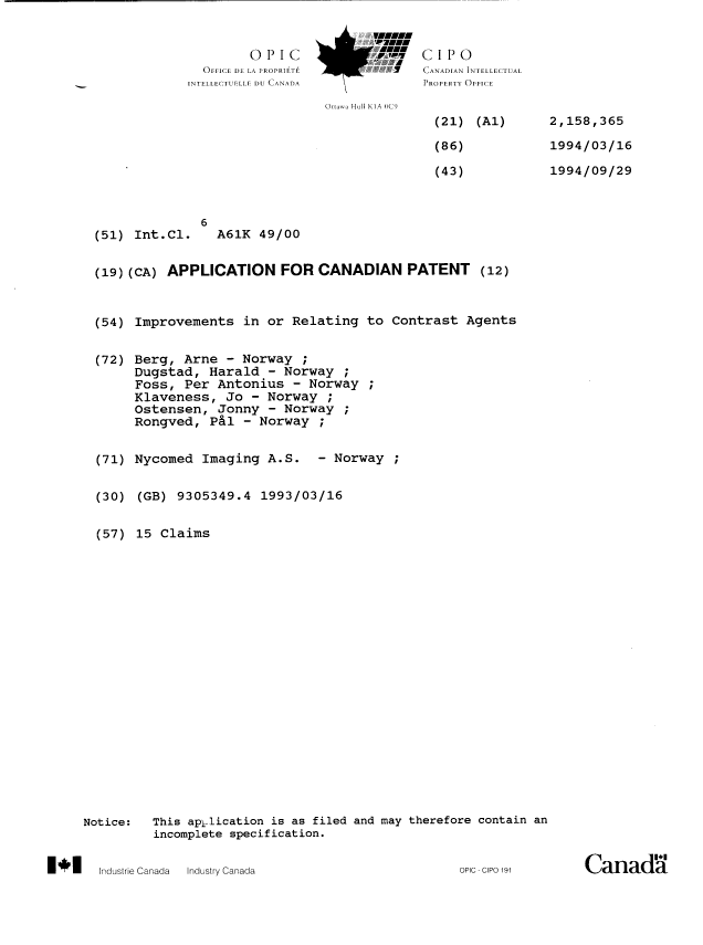 Document de brevet canadien 2158365. Page couverture 19960220. Image 1 de 1
