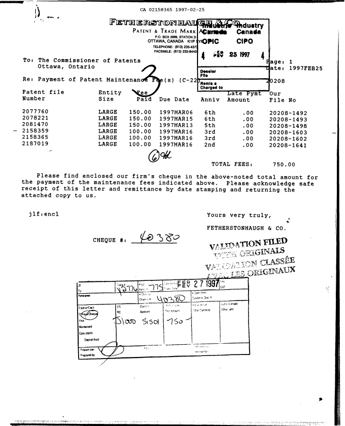 Canadian Patent Document 2158365. Fees 19961225. Image 1 of 1