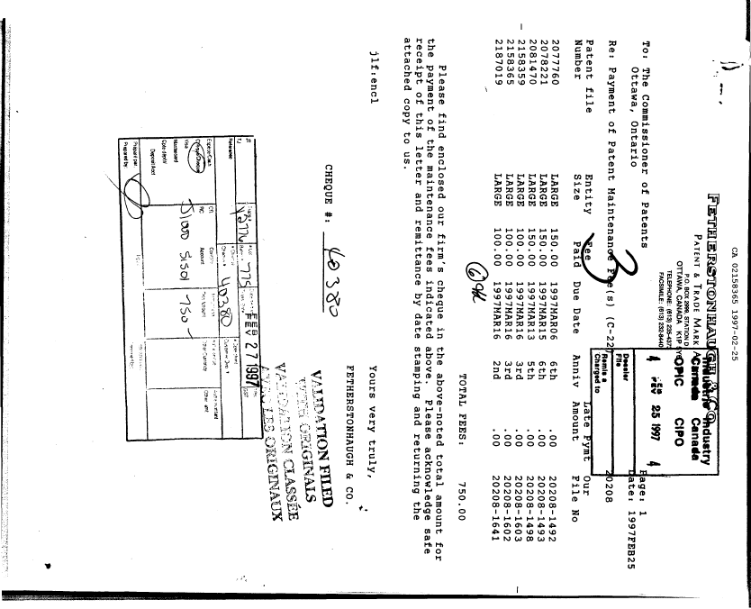 Document de brevet canadien 2158365. Taxes 19961225. Image 1 de 1
