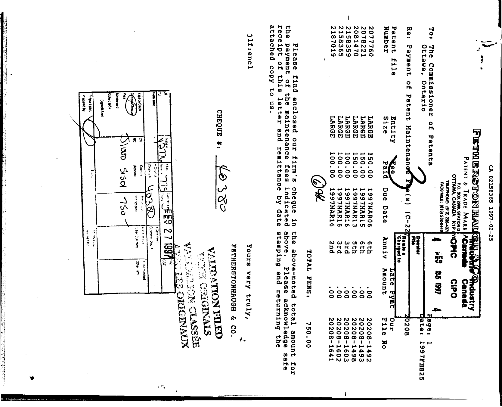 Canadian Patent Document 2158365. Fees 19961225. Image 1 of 1