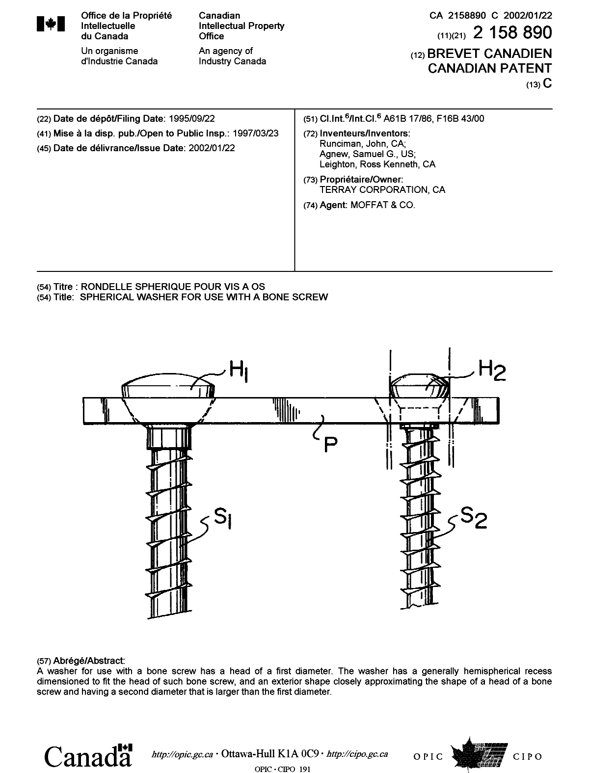 Canadian Patent Document 2158890. Cover Page 20011220. Image 1 of 1