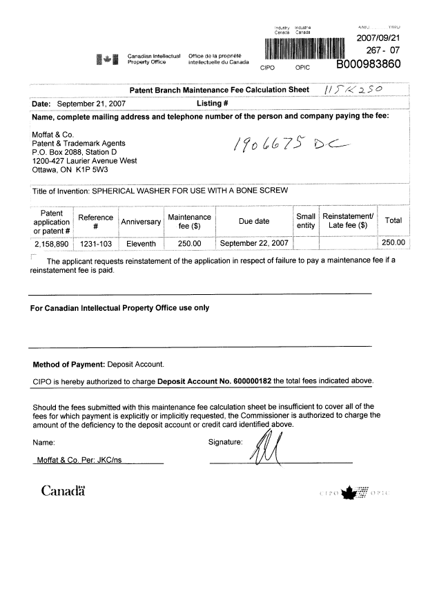 Canadian Patent Document 2158890. Fees 20070921. Image 1 of 1