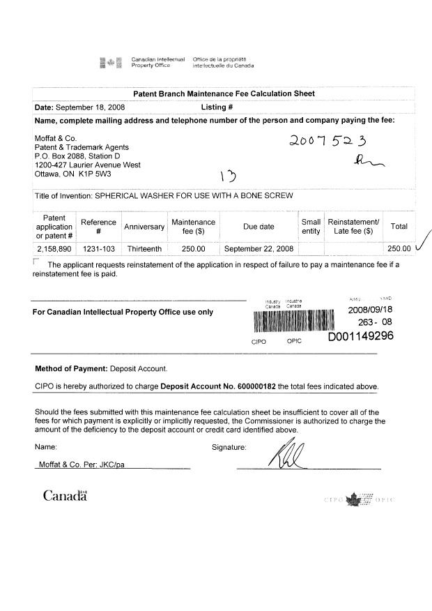 Canadian Patent Document 2158890. Fees 20080918. Image 1 of 1