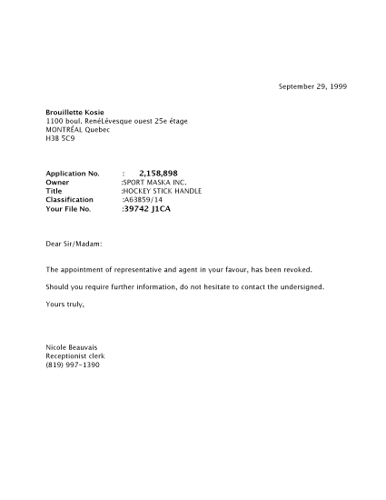Canadian Patent Document 2158898. Correspondence 19981229. Image 1 of 2