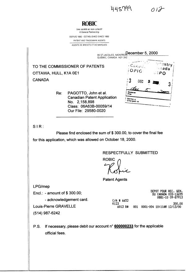Canadian Patent Document 2158898. Correspondence 19991205. Image 1 of 1