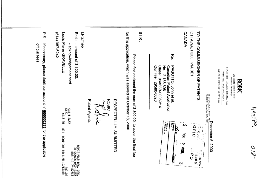 Document de brevet canadien 2158898. Correspondance 19991205. Image 1 de 1