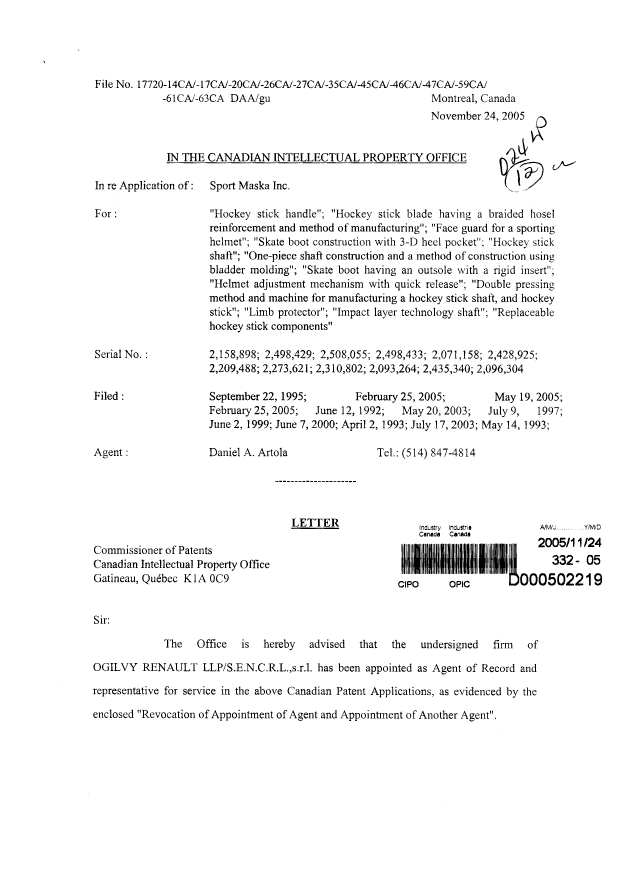 Canadian Patent Document 2158898. Correspondence 20041224. Image 1 of 4