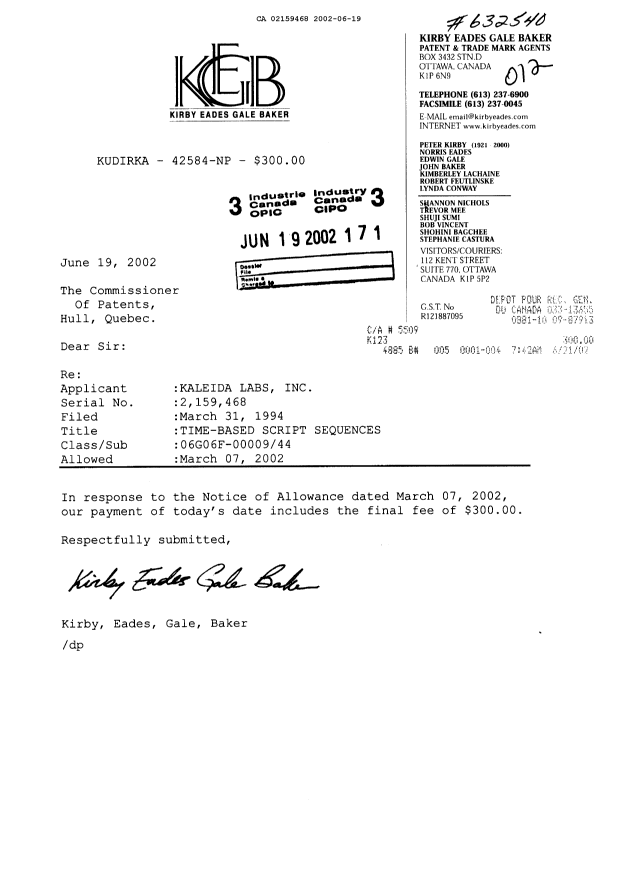 Canadian Patent Document 2159468. Correspondence 20020619. Image 1 of 1