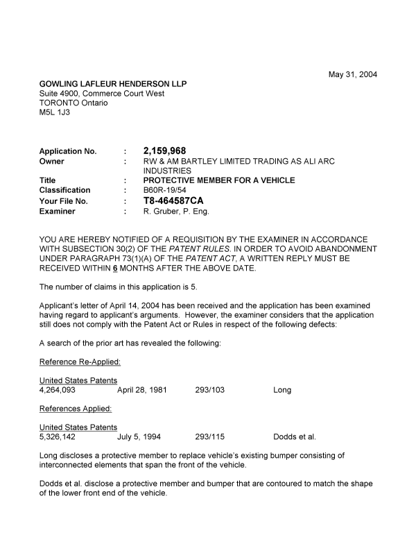 Document de brevet canadien 2159968. Poursuite-Amendment 20040531. Image 1 de 2