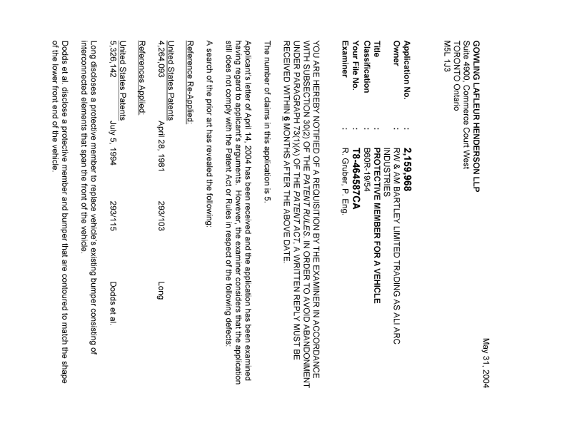 Canadian Patent Document 2159968. Prosecution-Amendment 20040531. Image 1 of 2
