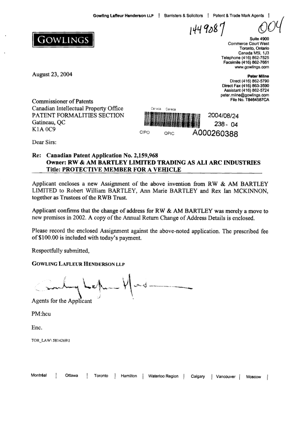 Document de brevet canadien 2159968. Cession 20040824. Image 1 de 3