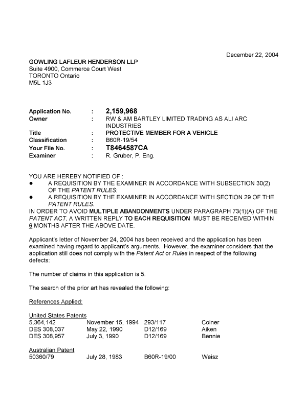 Canadian Patent Document 2159968. Prosecution-Amendment 20041222. Image 1 of 4