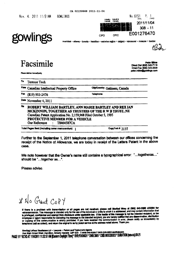 Document de brevet canadien 2159968. Correspondance 20111104. Image 1 de 1