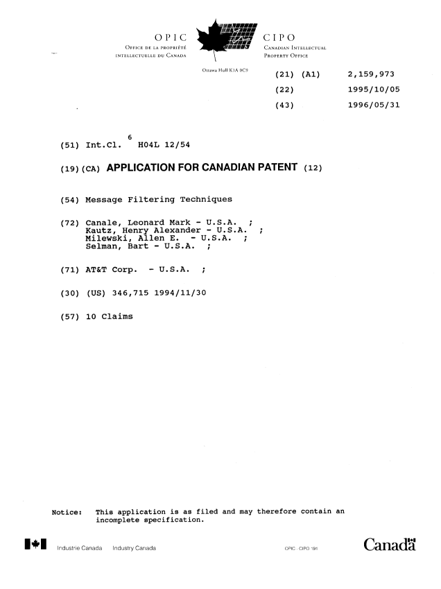 Canadian Patent Document 2159973. Cover Page 19951218. Image 1 of 1
