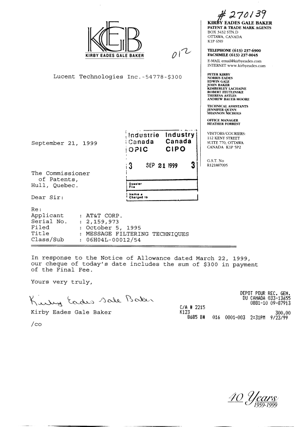 Document de brevet canadien 2159973. Correspondance 19981221. Image 1 de 1