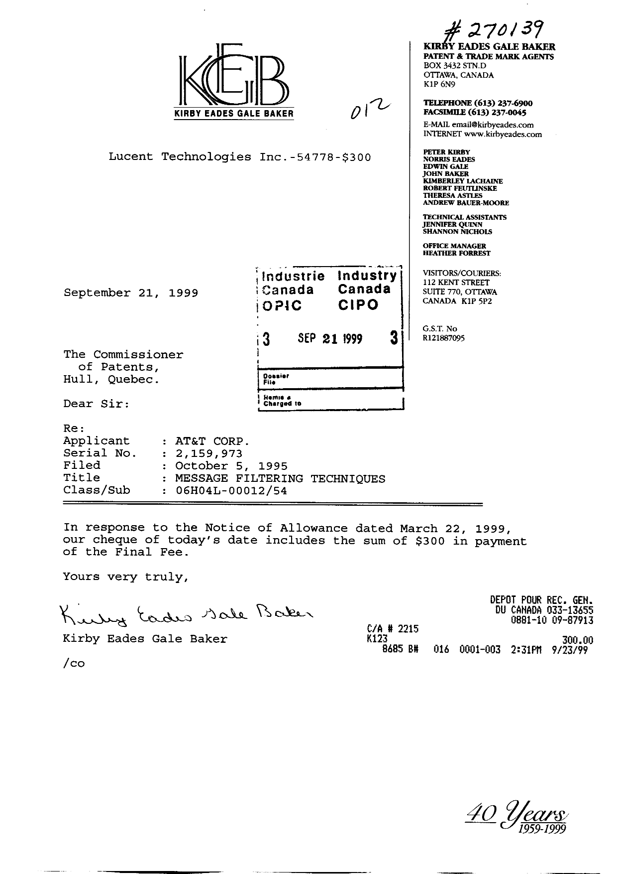 Document de brevet canadien 2159973. Correspondance 19981221. Image 1 de 1