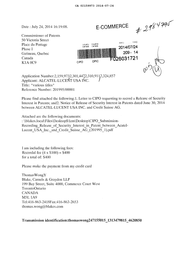 Canadian Patent Document 2159973. Assignment 20131224. Image 1 of 5