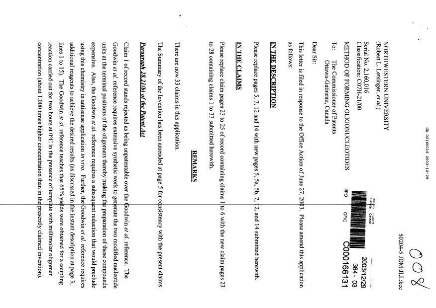 Canadian Patent Document 2160016. Prosecution-Amendment 20031229. Image 1 of 22