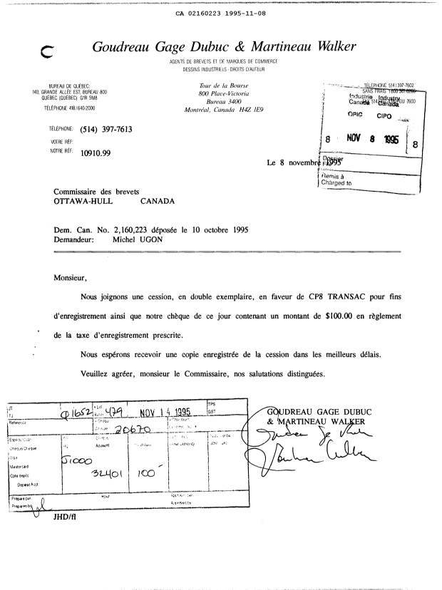 Document de brevet canadien 2160223. Cession 19951108. Image 1 de 3