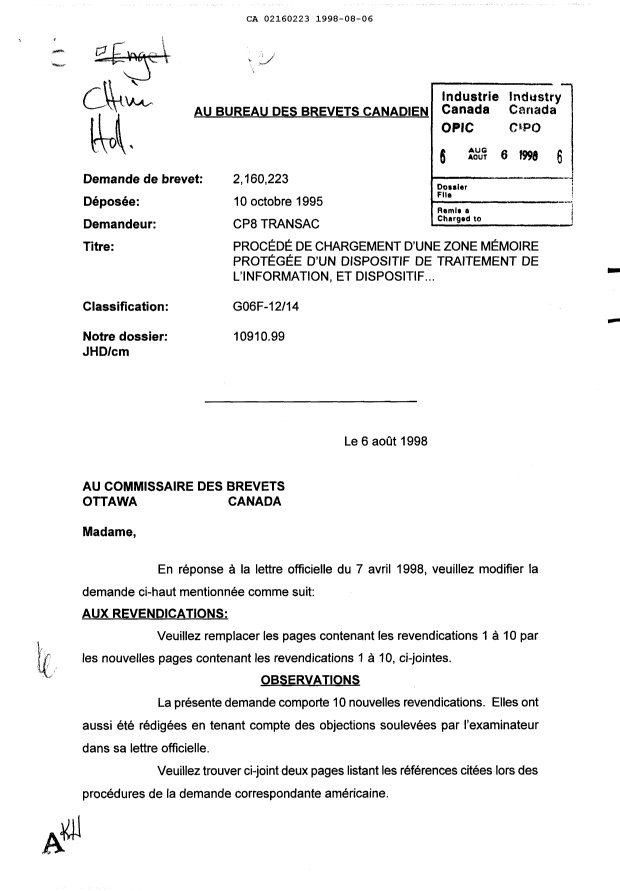 Document de brevet canadien 2160223. Poursuite-Amendment 19980806. Image 1 de 2