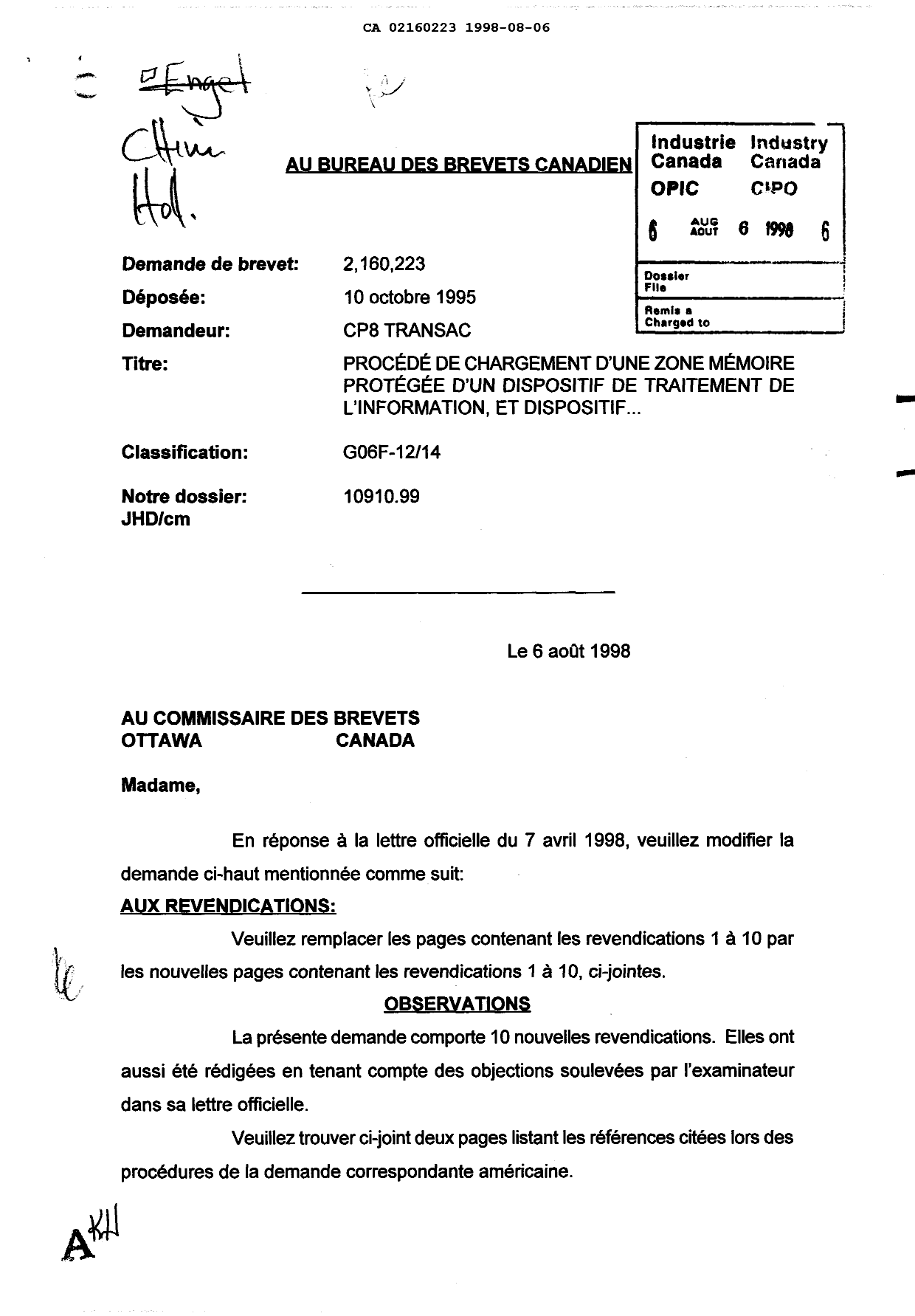 Canadian Patent Document 2160223. Prosecution-Amendment 19980806. Image 1 of 2
